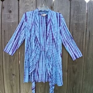 ZEN KNITS OPEN CARDIGAN SZ L BLUE TIE DYE DRAPER 3/4 SLEEVE STRETCH RAYON